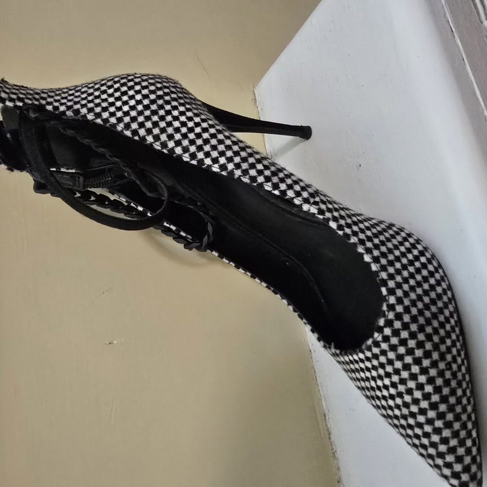 Guess Black and White Checkered Lace Trim Heels
